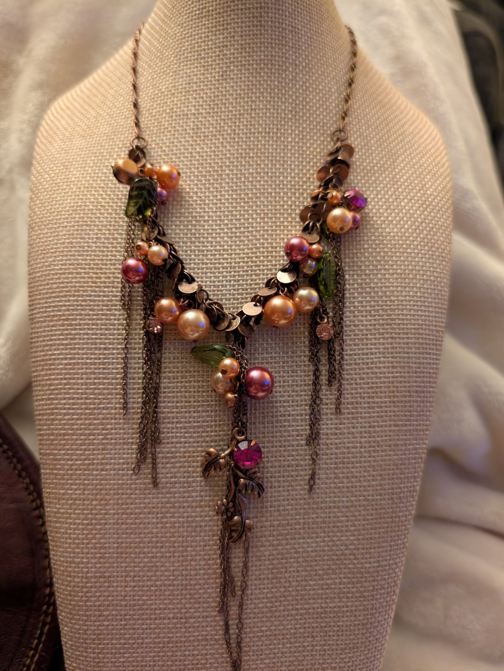 Antique Copper Boho Statement Necklace, Fairycore Cluster Beads & Fringe Tassel